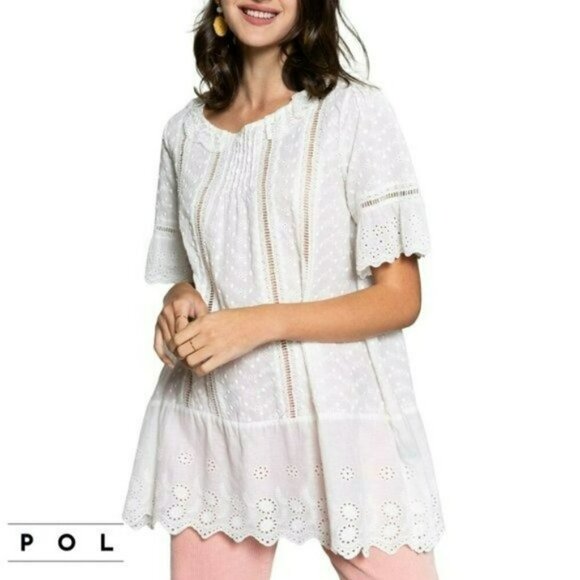 NWT POL Boho Eyelet Embroidered Lace Ruffle Trim Blouse Tunic Top - Picture 1 of 6